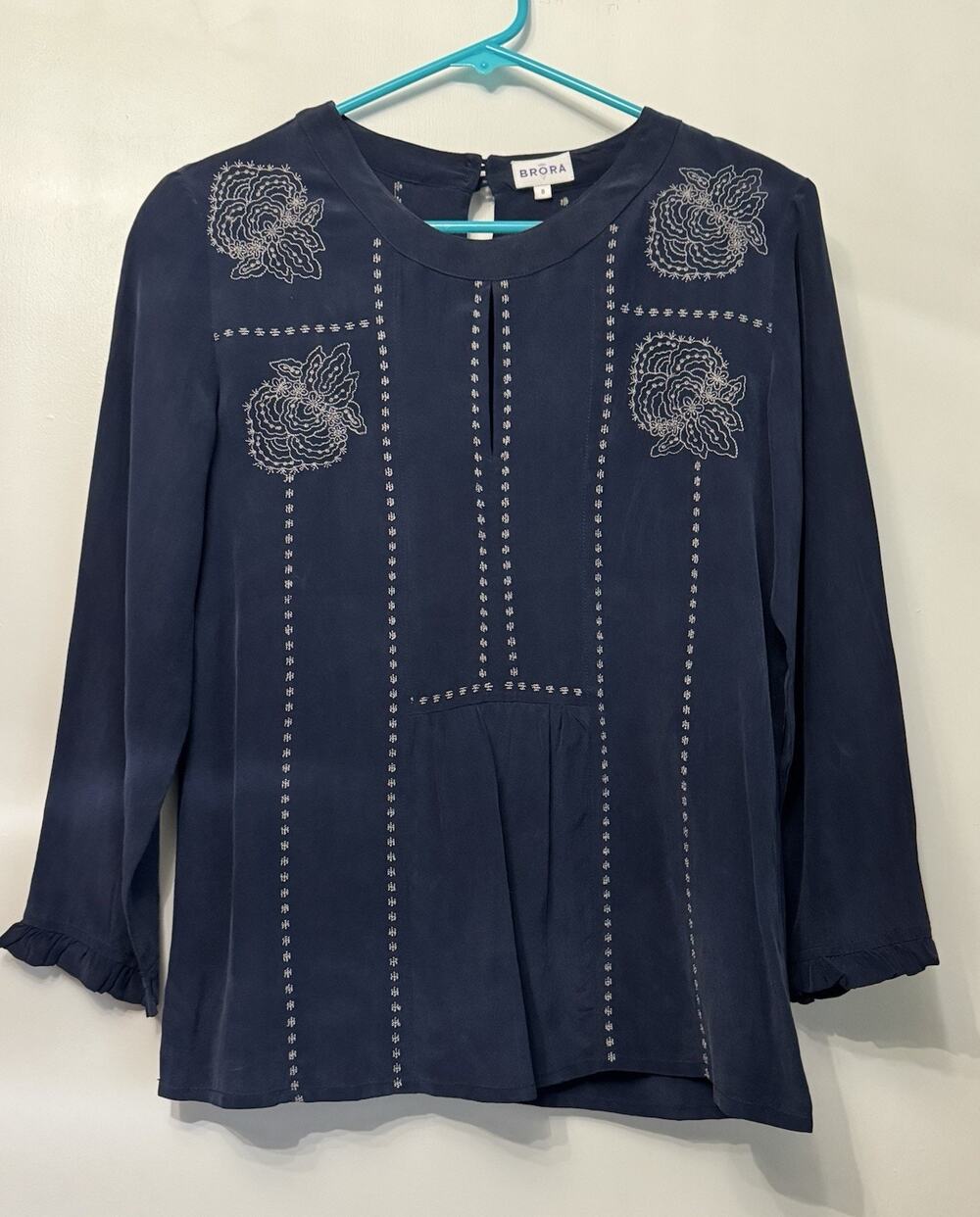 Brora 100% Silk Lace Detail Blouse Top Size 8 Blue